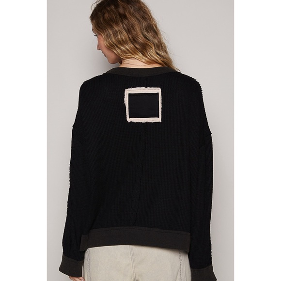 POL Relaxed Fit Peace Patched Waffle Top in Black Vintage Wash - Picture 5 of 7